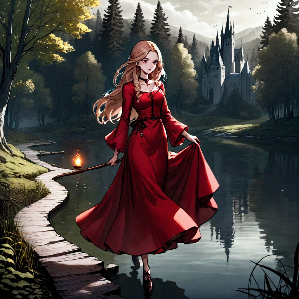 (mejor calidad, 8K, obra maestra) una hermosa joven bruja，usando un vestido rojo（Estilo medieval europeo，Estilo gótico），Caminando solo por el lago en el bosque。Estilo de dibujo lineal，Estilo oscuro y lleno de suspenso。