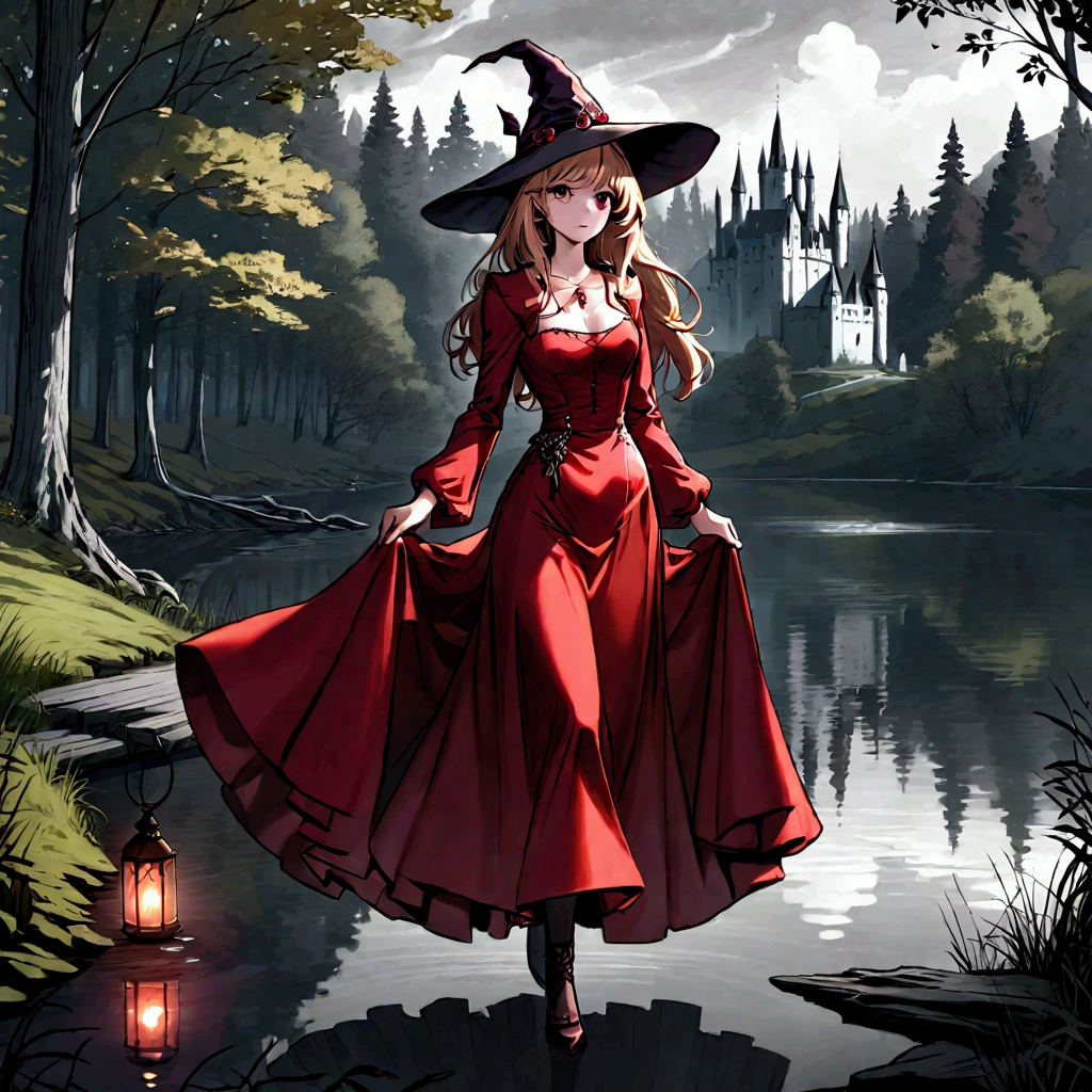 (mejor calidad, 8K, obra maestra) una hermosa joven bruja，usando un vestido rojo（Estilo medieval europeo，Estilo gótico），Caminando solo por el lago en el bosque。Estilo de dibujo lineal，Estilo oscuro y lleno de suspenso。