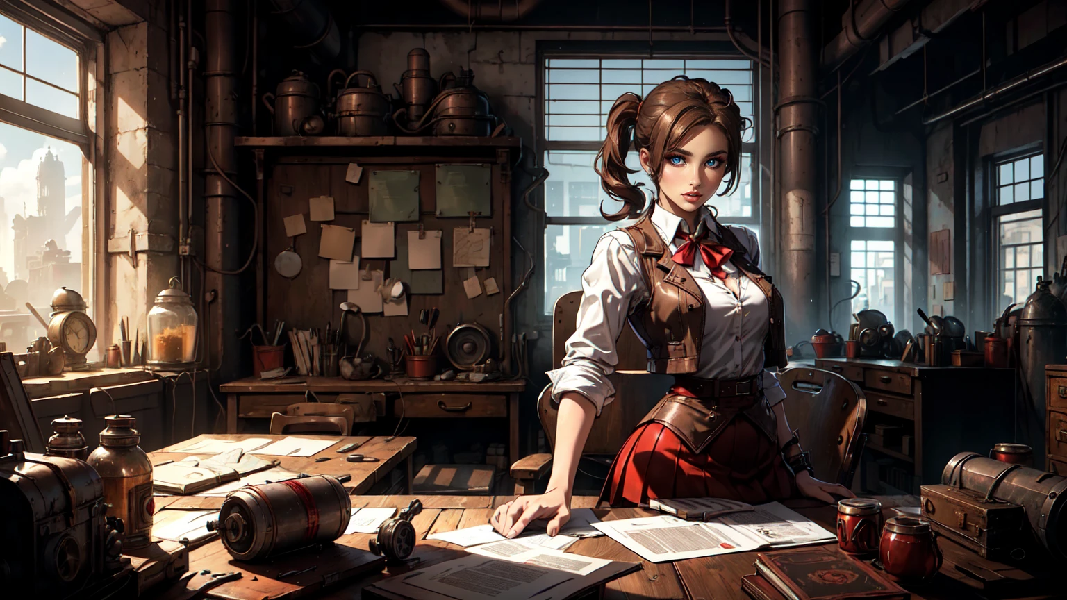 
Women, Brown Hair, Brown Long Ponytail, bronw eyes, red Vest, white shirt, Red lon skirt, sits at the desk, in a Room,Dieselpunk Design