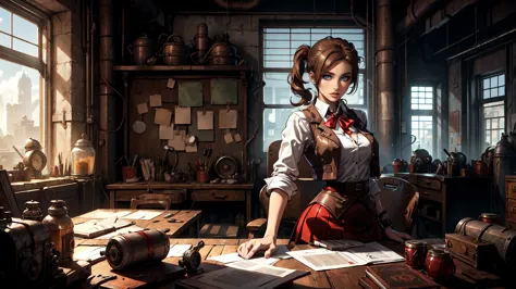 women, brown hair, brown long ponytail, bronw eyes, red vest, white shirt, red lon skirt, sits at the desk, in a room,dieselpunk...