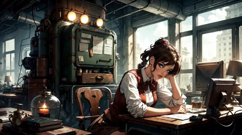 women, brown hair, brown long ponytail, bronw eyes, red vest, white shirt, red lon skirt, sits at the desk, in a room,dieselpunk...