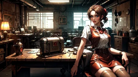 women, brown hair, brown long ponytail, bronw eyes, red vest, white shirt, red lon skirt, sits at the desk, in a room,dieselpunk...