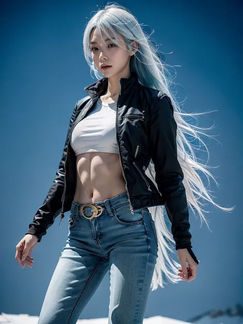 asian，woman，25 years old，the appearance is overwhelming，long white blue hair，blue eyes，height 1.75 meters，weight 54 kg，golden ra...