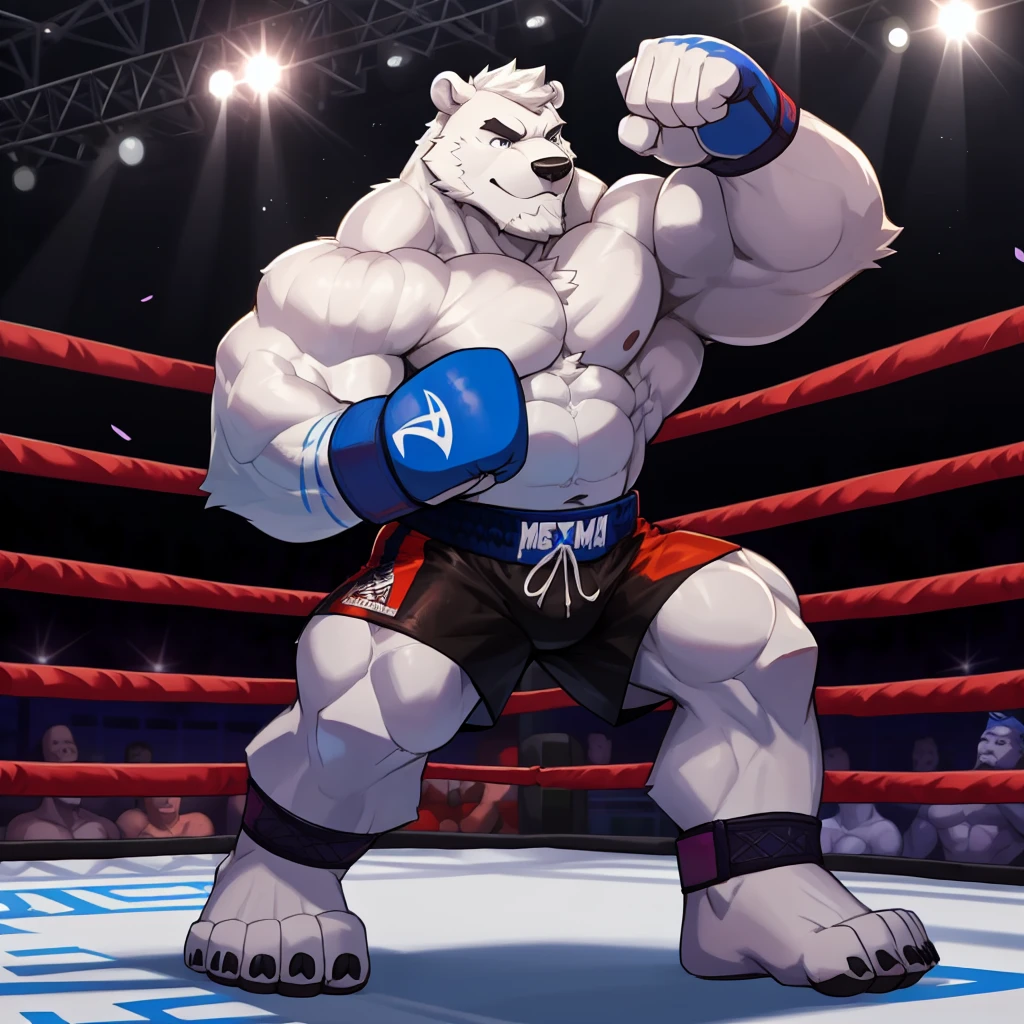 solo, 1boy, Huge Muscular White Polar Bear, huge white fur, pectoral, huge pectoral, wide pectoral, short white hair,  raven black colored Essential MMA Ranking Shorts Boxing MMA Muay Thai Kickboxing with a blue waist, blue-colored century solid mma open palm gloves, black toeless foot grips and shirtless and topless, white bearded, white Mustache, white fur, black eyebrows, kickboxing MMA fighting arena background, masterpiece, high detailed, 8k, high resolution, at the caged ring arena, kicking and punching, 