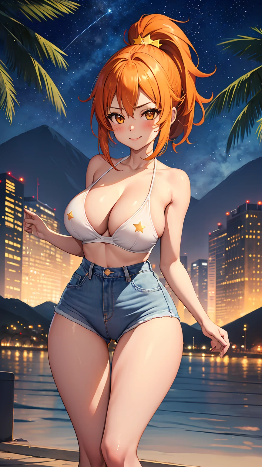 1girl, anime girl, anime, girl, 2d girl, 16y, (fullbody), standing, golden eyes, smile, blush, (short hair, ponytail, orange hair), (((bare shoulders))), (((bare arms))), latex tube top, cleavage, areolae, areola, areola exposed, Solo, Slim, large breasts, big , big Breasts, Tight Shorts, low waist shorts, upshorts, night city with mountains in the background, (stars in the sky), looking at viewer, darker shadows, (((explicit))), (((shorts))), (((absurdres))), (((thigh gap))), cameltoe, (((cameltoe))), (((cleft of venus))), (((lowleg shorts))),