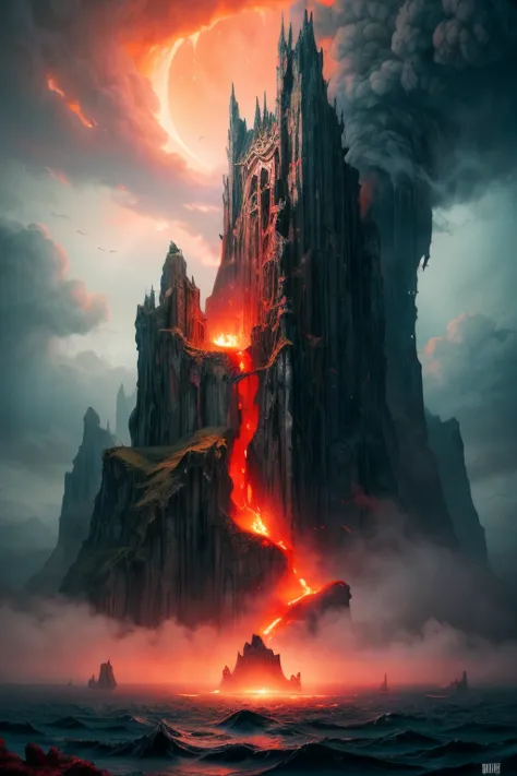 A mystical mysterious island, Hell Island, Hellish Landscape island, Hellsh island, red ocean surrounding the island, mysterious...