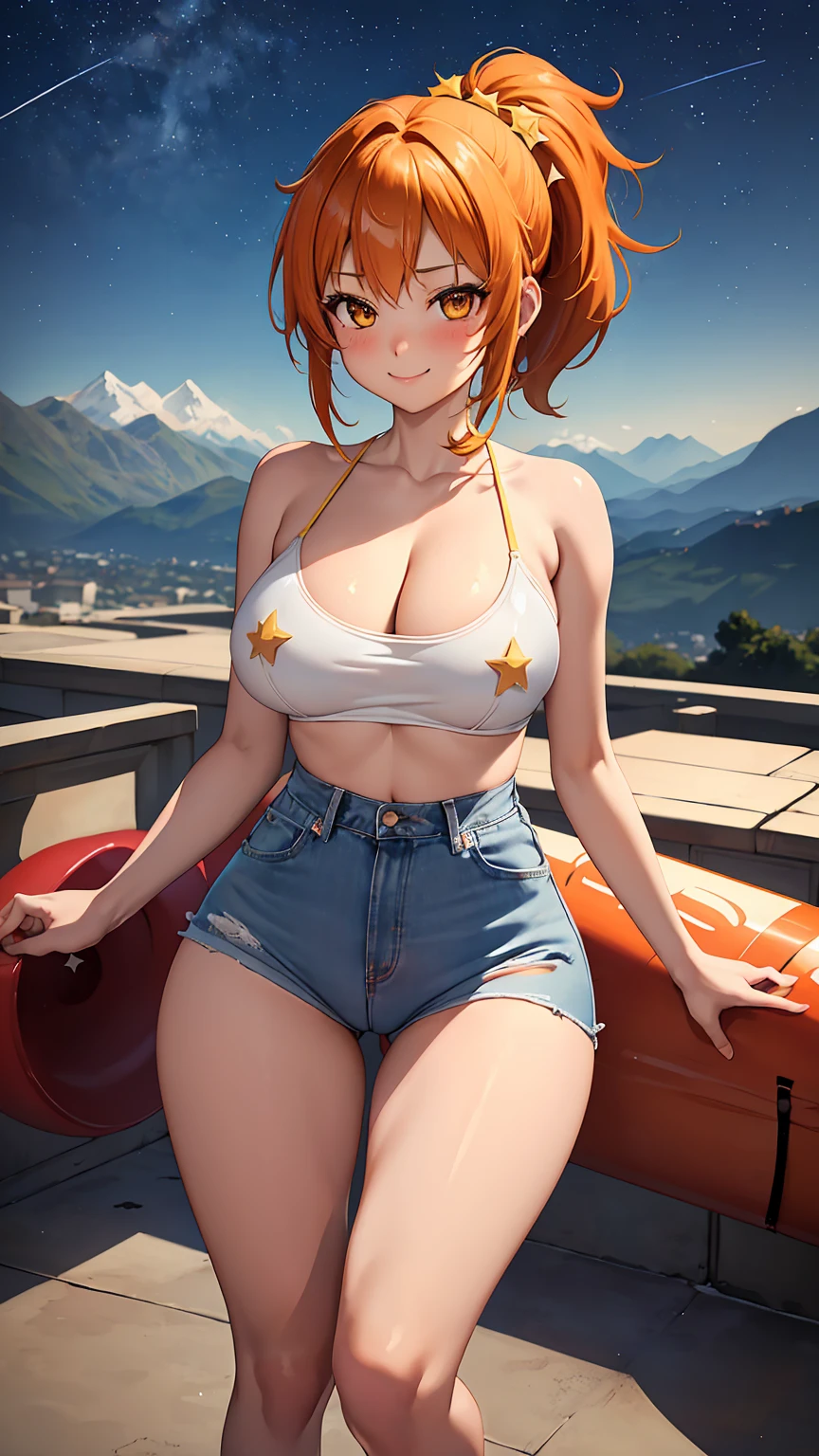 1girl, anime girl, anime, girl, 2d girl, 16y, (fullbody), standing, golden eyes, smile, blush, (short hair, ponytail, orange hair), (((bare shoulders))), (((bare arms))), (((tube top, latex))), cleavage, areolae, areola, areola exposed, Solo, Slim, large breasts, big , big Breasts, Tight Shorts, low waist shorts, upshorts, night city with mountains in the background, (stars in the sky), looking at viewer, darker shadows, (((explicit))), (((shorts))), (((absurdres))), (((thigh gap))), cameltoe, (((cameltoe))), (((cleft of venus))), (((lowleg shorts))),