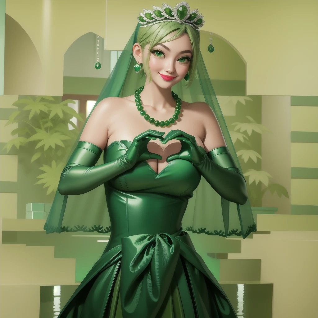 Emerald tiara, colar de pérolas verdes, ボーイッシュな非常に短いcabelo verde, Lábios Verdes, mulher japonesa sorridente, cabelo muito curto, Linda senhora peituda, olhos verdes, Luvas longas de cetim verde, olhos verdes, Brincos Esmeralda, Véu verde, Coração com as duas mãos, cabelo verde, Linda mulher japonesa, mãos em forma de coração:1.3, brilho labial verde