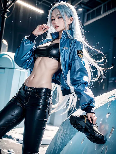 asian，woman，25 years old，the appearance is overwhelming，long white blue hair，blue eyes，height 1.75 meters，weight 54 kg，golden ra...