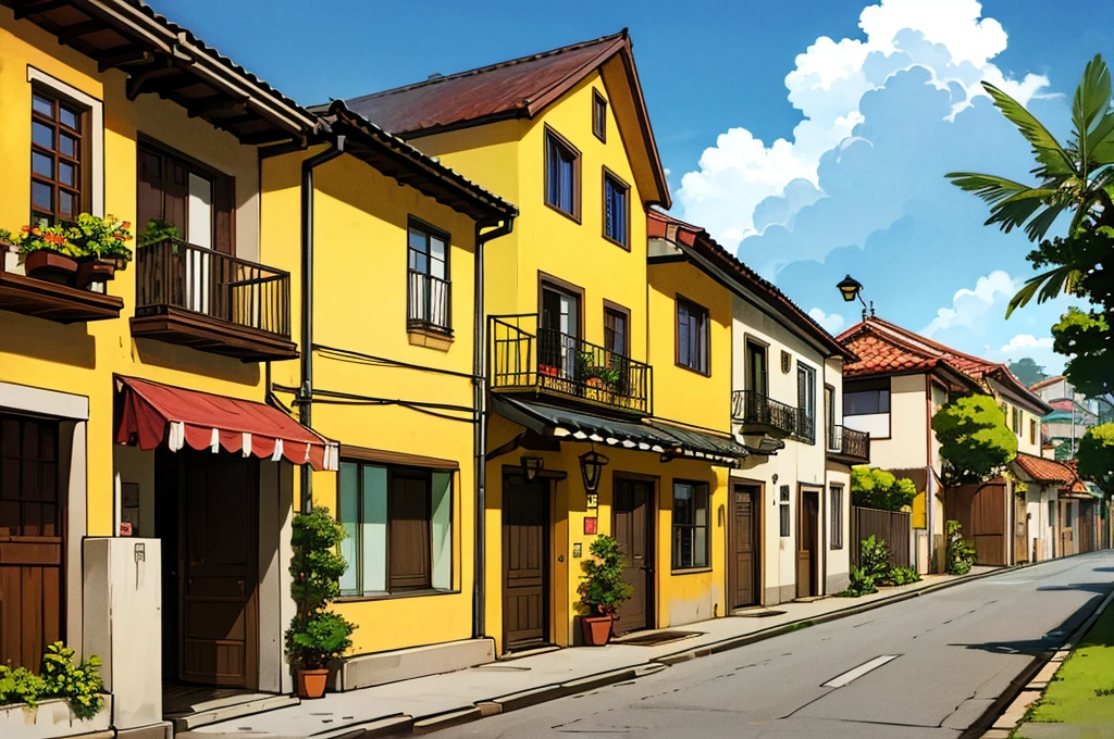 brazil, houses with walls, typical Brazilian houses, wide streets, side view, Sunnyday, lampposts, clouds in the sky