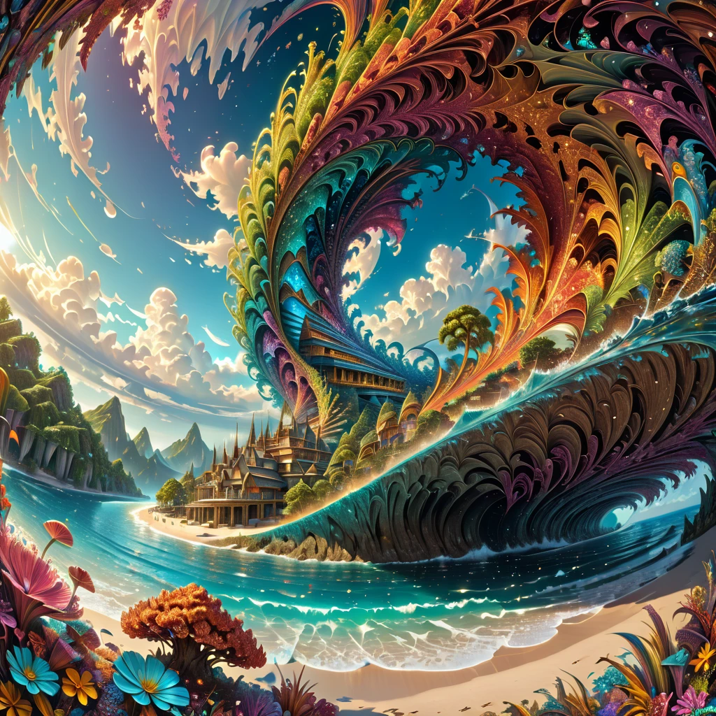 Island in the sea, ral-glitter, (masterpiece:1.2), best quality, high quality, ultra high res, (hyper detailed), absurdres, absolutely resolution,4K, ultra HD, insanely detailed and intricate, high resolution, HDR, detailed background, mysterious, beautifully, aesthetic, (Fractal Art:1.3), 