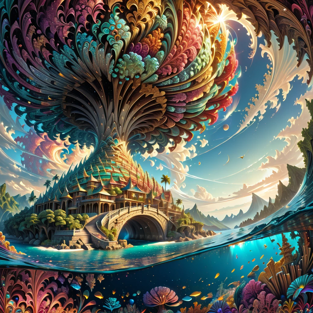 Island in the sea, ral-glitter, (masterpiece:1.2), best quality, high quality, ultra high res, (hyper detailed), absurdres, absolutely resolution,4K, ultra HD, insanely detailed and intricate, high resolution, HDR, detailed background, mysterious, beautifully, aesthetic, (Fractal Art:1.3), 