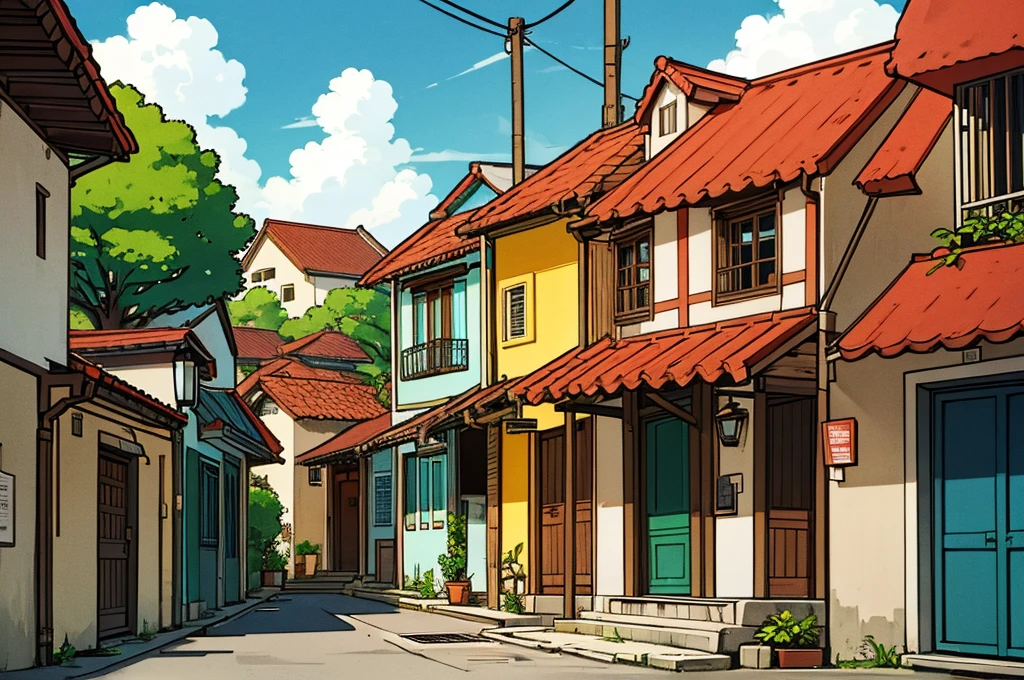 brazil, Brazilian one-story houses, peaceful place, with wall, typical Brazilian houses, wide streets, side view, Sunnyday, lampposts, clouds in the sky