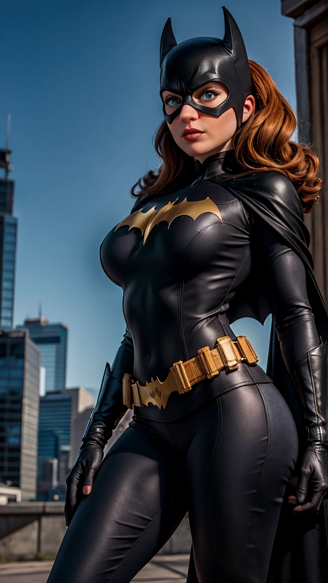 8K, Ultra HD, Super details, high quality, High resolution. The heroine Batgirl looks beautiful in a full-length photo, her body is sculptural, her long black wavy hair is radiant in a perfect combination with her white skin, her bright blue eyes mesmerize everyone. She is wearing her heroine costume. It consists of a mask that covers the upper part of the face, leaving your eyes visible, and a tight bodysuit. It can be black, dark blue or purple, the material is made of resistant and elastic fabric to provide protection and allow agile movements, on the chest of the costume, there is a bat symbol similar to the Batman symbol, she wears a utility belt that contains a variety of useful devices and equipment for your missions, Batgirl's boots and gloves are made of resistant material to protect her hands and feet during combat, she wears a black cape, an aesthetic element of the costume. she looks very sexy, drawing attention to her big breasts and thick legs.