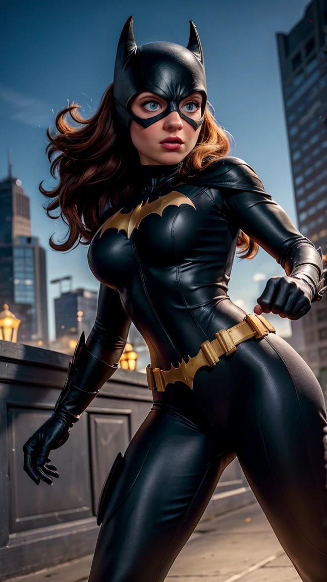 8K, Ultra HD, Super details, high quality, High resolution. The heroine Batgirl looks beautiful in a full-length photo, her body is sculptural, her long black wavy hair is radiant in a perfect combination with her white skin, her bright blue eyes mesmerize everyone. She is wearing her heroine costume. It consists of a mask that covers the upper part of the face, leaving your eyes visible, and a tight bodysuit. It can be black, dark blue or purple, the material is made of resistant and elastic fabric to provide protection and allow agile movements, on the chest of the costume, there is a bat symbol similar to the Batman symbol, she wears a utility belt that contains a variety of useful devices and equipment for your missions, Batgirl's boots and gloves are made of resistant material to protect her hands and feet during combat, she wears a black cape, an aesthetic element of the costume. she looks very sexy, drawing attention to her big breasts and thick legs.