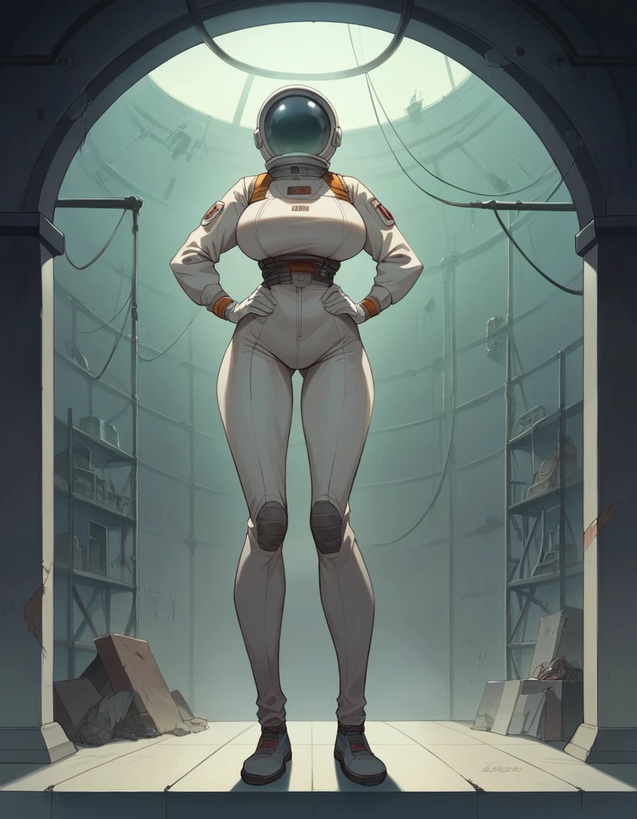 Masterpiece, best quality, Masterpiece, best quality, 1 woman, astronaut suit , wear a hat , big breasts , abdomen , Long legs , Put your hands on your hips... , shoe , full body , abandoned factory , at night