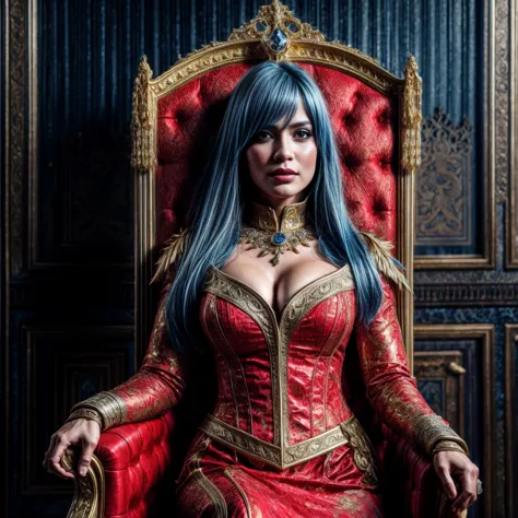 woman in a red and gold costume sitting on a chair, long white haier, world of warcraft sally whitemane, on her throne, in a thr...