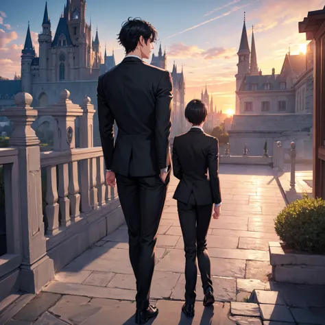 1boy, short black hair, light blue eyes, wearing all black suits, castle, sunset, high res, ultrasharp, 8k, masterpiece, looking...