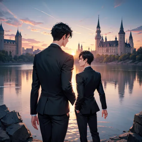 1boy, short black hair, light blue eyes, wearing all black suits, castle, sunset, high res, ultrasharp, 8k, masterpiece, looking...