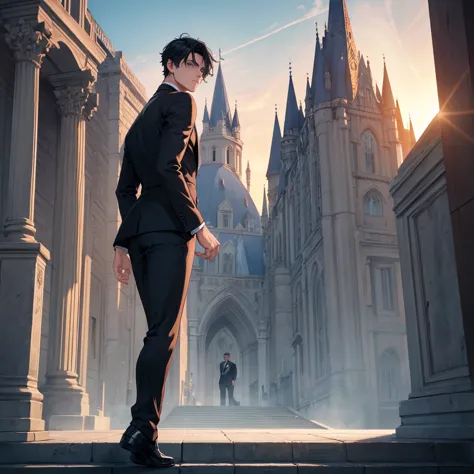 1boy, short black hair, light blue eyes, wearing all black suits, castle, sunset, high res, ultrasharp, 8k, masterpiece, looking...