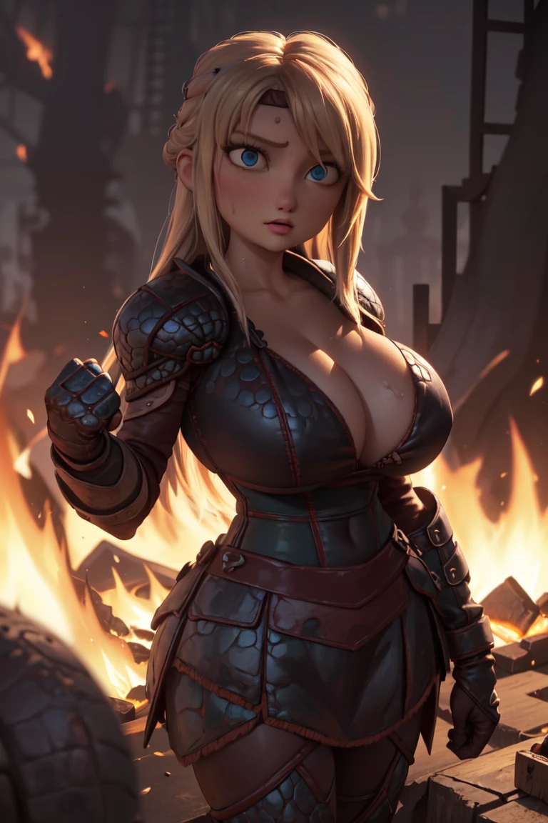 work of art, high qualiy, best qualityer, realisitic, face perfect, expressive eyes, Astrid Hofferson, 1 girl, standing alone, hair blonde, long hair, blue colored eyes, Bikini armors, Breasts huge, v-cut, absolute cleavage, voluptuous sexy sweat, zetai ryouiki, standing, holding gun, ax, (hand on fist), fire, Burning, embers, Flame, smoke, sparks, (tenebrosa, natta, tenebrosaness:1.3), Depth of field