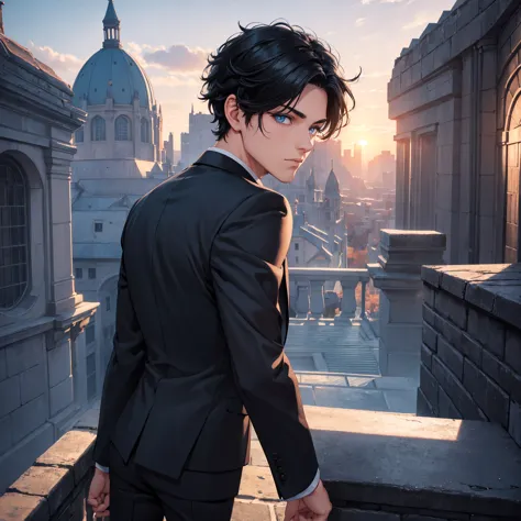 1boy, short black hair, light blue eyes, wearing all black suits, castle, sunset, high res, ultrasharp, 8k, masterpiece, looking...