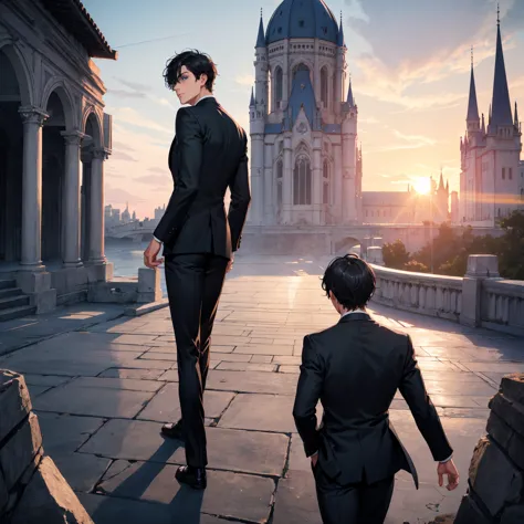 1boy, short black hair, light blue eyes, wearing all black suits, castle, sunset, high res, ultrasharp, 8k, masterpiece, looking...