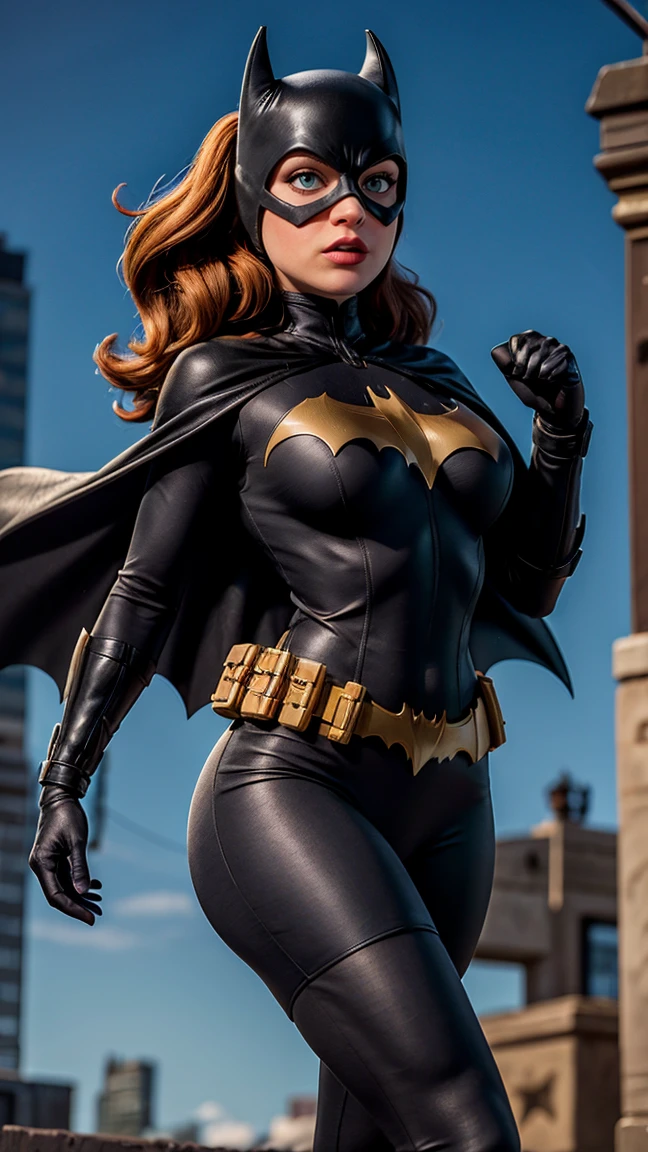 8K, Ultra HD, Super details, high quality, High resolution. The heroine Batgirl looks beautiful in a full-length photo, her body is sculptural, her long black wavy hair is radiant in a perfect combination with her white skin, her bright blue eyes mesmerize everyone. She is wearing her heroine costume. It consists of a mask that covers the upper part of the face, leaving your eyes visible, and a tight bodysuit. It can be black, dark blue or purple, the material is made of resistant and elastic fabric to provide protection and allow agile movements, on the chest of the costume, there is a bat symbol similar to the Batman symbol, she wears a utility belt that contains a variety of useful devices and equipment for your missions, Batgirl's boots and gloves are made of resistant material to protect her hands and feet during combat, she wears a black cape, an aesthetic element of the costume. she looks very sexy, drawing attention to her big breasts and thick legs.