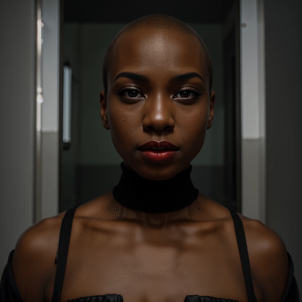 1 solo Girl, bald hair, black skin, red lips, symmetry face