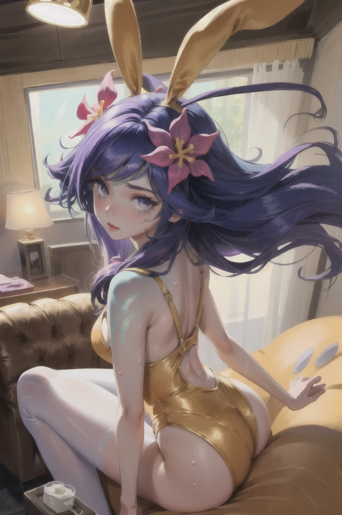 ((Cinematic light, Best quality, 8k, Masterpiece :1.3)), 1girl, Beautiful woman with thin abs :1.4, (purple hair, small breasts :1.3), rope panties, bra :1.2, hopefully falling, seductive open lips, sofa, ultra-detailed face, detailed eyes, double eyelidwork, best quality, Neeko, hair ornaments, hair flower, body paint, calango tail, trying to be sexy,(( golden bunnysuit)),  showing sweaty armpits, steamy, teasing, golden see-through pantyhose, tight, undersized clothes, ass view, pantyline, ass focus, back view, giant ass, bubble ass, pervert, insane pervert, horny