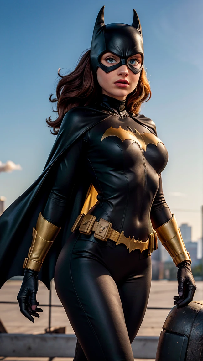 8K, Ultra HD, Super details, high quality, High resolution. The heroine Batgirl looks beautiful in a full-length photo, her body is sculptural, her long black wavy hair is radiant in a perfect combination with her white skin, her bright blue eyes mesmerize everyone. She is wearing her heroine costume. It consists of a mask that covers the upper part of the face, leaving your eyes visible, and a tight bodysuit. It can be black, dark blue or purple, the material is made of resistant and elastic fabric to provide protection and allow agile movements, on the chest of the costume, there is a bat symbol similar to the Batman symbol, she wears a utility belt that contains a variety of useful devices and equipment for your missions, Batgirl's boots and gloves are made of resistant material to protect her hands and feet during combat, she wears a black cape, an aesthetic element of the costume. she looks very sexy, drawing attention to her big breasts and toned legs.