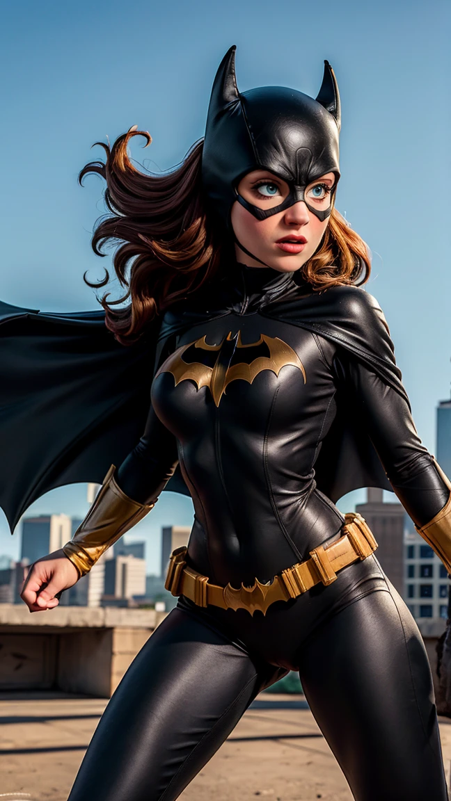 8K, Ultra HD, Super details, high quality, High resolution. The heroine Batgirl looks beautiful in a full-length photo, her body is sculptural, her long black wavy hair is radiant in a perfect combination with her white skin, her bright blue eyes mesmerize everyone. She is wearing her heroine costume. It consists of a mask that covers the upper part of the face, leaving your eyes visible, and a tight bodysuit. It can be black, dark blue or purple, the material is made of resistant and elastic fabric to provide protection and allow agile movements, on the chest of the costume, there is a bat symbol similar to the Batman symbol, she wears a utility belt that contains a variety of useful devices and equipment for your missions, Batgirl's boots and gloves are made of resistant material to protect her hands and feet during combat, she wears a black cape, an aesthetic element of the costume. she looks very sexy, drawing attention to her big breasts and toned legs.