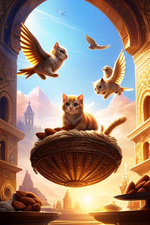 (Highest quality、masterpiece、8k))、Anatomically correct、Very detailed、High resolution、Realistic、((Beautiful, bright, almond-shaped, detailed eyes))、Intricate details、Cinematic lighting、((Dynamic composition))、Eight cute kittens with bird wings、Floating Island