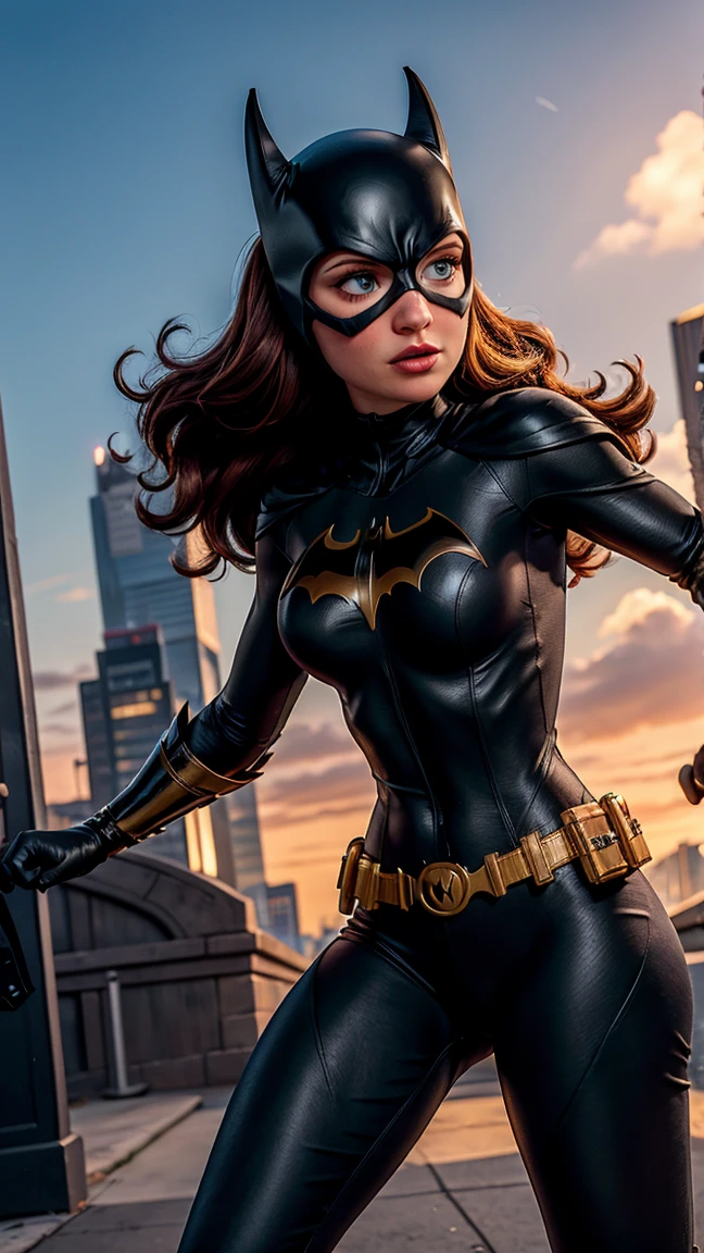 8K, Ultra HD, Super details, high quality, High resolution. The heroine Batgirl looks beautiful in a full-length photo, her body is sculptural, her long black wavy hair is radiant in a perfect combination with her white skin, her bright blue eyes mesmerize everyone. She is wearing her heroine costume. It consists of a mask that covers the upper part of the face, leaving your eyes visible, and a tight bodysuit. It can be black, dark blue or purple, the material is made of resistant and elastic fabric to provide protection and allow agile movements, on the chest of the costume, there is a bat symbol similar to the Batman symbol, she wears a utility belt that contains a variety of useful devices and equipment for your missions, Batgirl's boots and gloves are made of resistant material to protect her hands and feet during combat, she wears a black cape, an aesthetic element of the costume. she looks very sexy, drawing attention to her big breasts and toned legs.