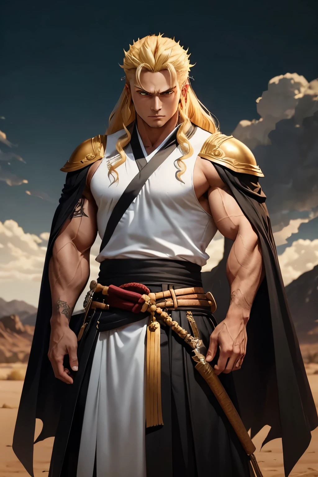 demon slayer, male with bright blonde hair, massive height, bulky, black demon slayer uniform with his shirt cut halfway down, ferocious looking eyes, golden eyes, white overcloak covering his shoulders down to his back, muscular, extremely strong, standing in the desert, white and gold haori over shoulders, detailed face and body, long hair, haori flowing, full outfit, full demon slayer outfit, loose fitting clothes, anime style