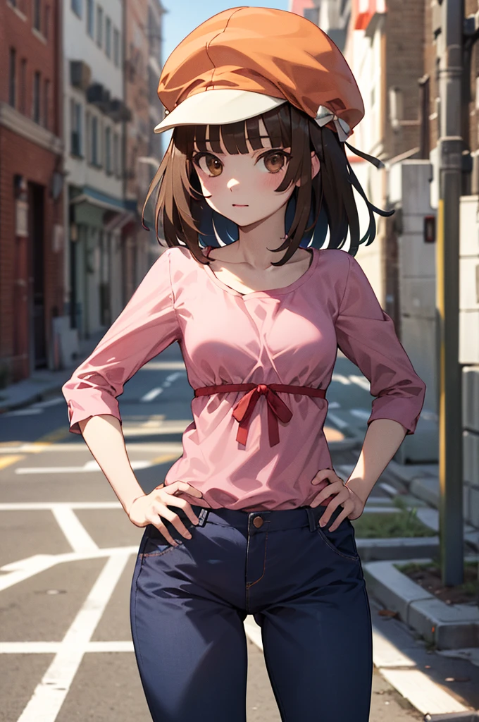 masterpiece, best quality, highres, aanadeko, short hair, brown hair, cabbie hat, orange headwear, blunt bangs, brown eyes, pink shirt, ribbon, blue pants, hand on hip, street, standing, cowboy shot,