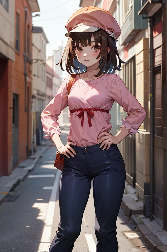 masterpiece, best quality, highres, aanadeko, short hair, brown hair, cabbie hat, orange headwear, blunt bangs, brown eyes, pink shirt, ribbon, blue pants, hand on hip, street, standing, cowboy shot,