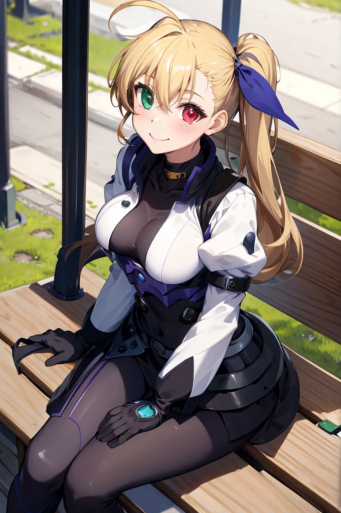 masterpiece, best quality, highres, 1girl, vivio1, heterochromia, ribbon, gloves, large breasts, ahoge, black_bodysuit, white jacket, park bench, sitting, smile,