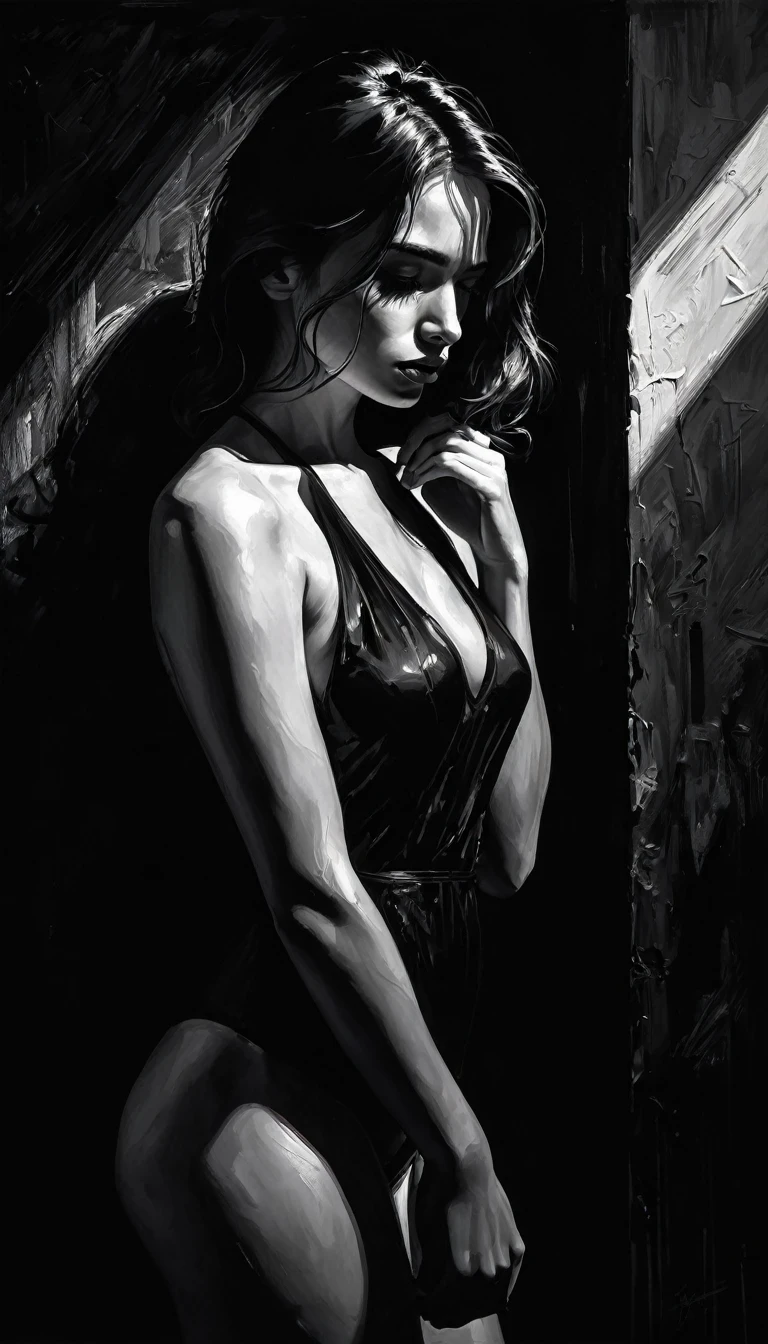 girl, alone, eroticism, sexy, black and white image, between shadows, oil painting, chiaroscuro, sensual, dramatic lighting, moody atmosphere, photorealistic, intricate details, masterpiece, ultra-detailed, high quality, 8k, best quality, realistic, cinematic, dark and brooding, expressionistic, powerful composition, emotional impact, Bill Sienkiewicz inspired art
