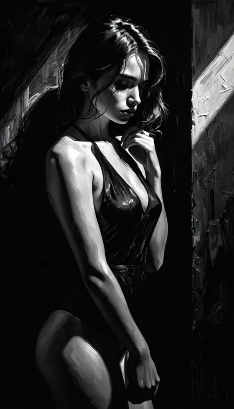 girl, alone, eroticism, sexy, black and white image, between shadows, oil painting, chiaroscuro, sensual, dramatic lighting, moo...