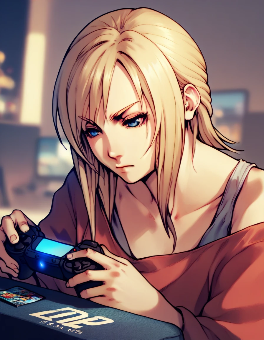 Aya Brea, videogame character, Short shoulder-length blonde hair，Side Bangs. The character&#39;s eyes are blue, Give her a sharp and focused look. No shadow
