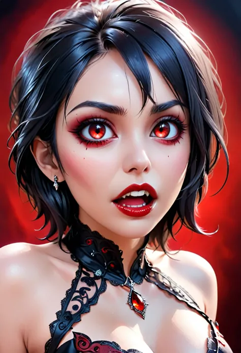 a portrait of vampire with a bloody tear coming down from the eye, an exotic beautiful female vampire, black hair color, dynamic...