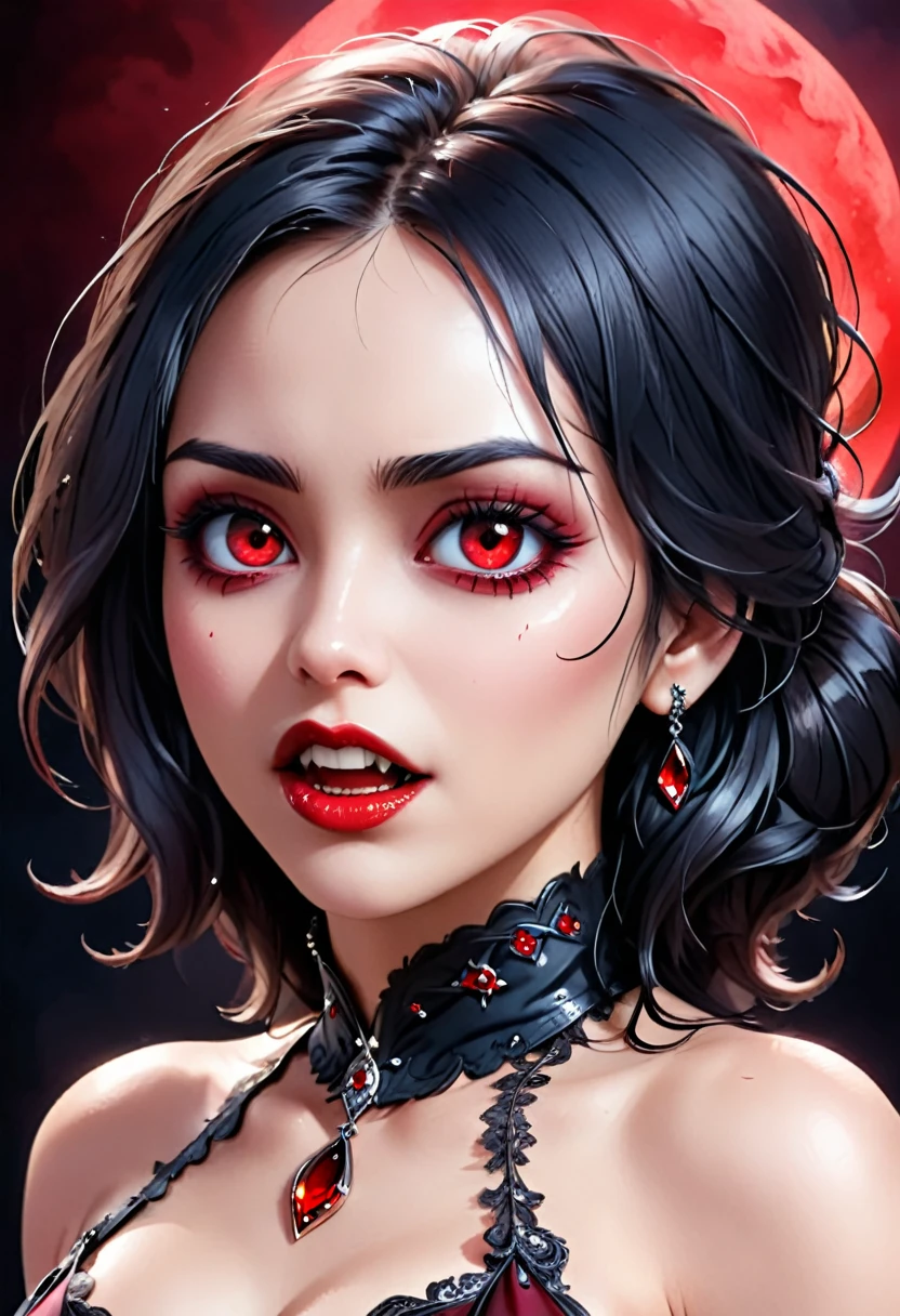 a portrait of vampire with a bloody tear coming down from the eye, an exotic beautiful female vampire, black hair color, dynamic hair style, ultra detailed face, best detailed face, silver eye color, (1single red teardrop: 1.3)), ((tear drop made from blood)), ((teardrop coming down from the eye: 1.3)), small cleavage, wearing two black diamond earrings, Ultra-high resolution, High Contrast, (masterpiece:1.5), highest quality, Best aesthetics), 16K fantasy art, best details, best quality, highres, (ultra wide angle: 1.2), 16k, [ultra detailed], masterpiece, best quality, (extremely detailed), ladyshadow, magical sky, crying style, vampire teeth, goth person