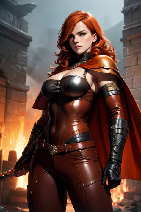 Emma Watson, Beautiful redhead nordic warrior orange curly hair muscular body perfect breasts leather pant armor leather cape wi...