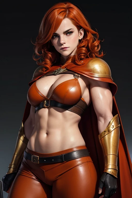 Emma Watson, Beautiful redhead nordic warrior orange curly hair muscular body perfect breasts leather pant armor leather cape with fluff edge holding large sword detailed face would cheekbones blushing rendered image posing heroically 