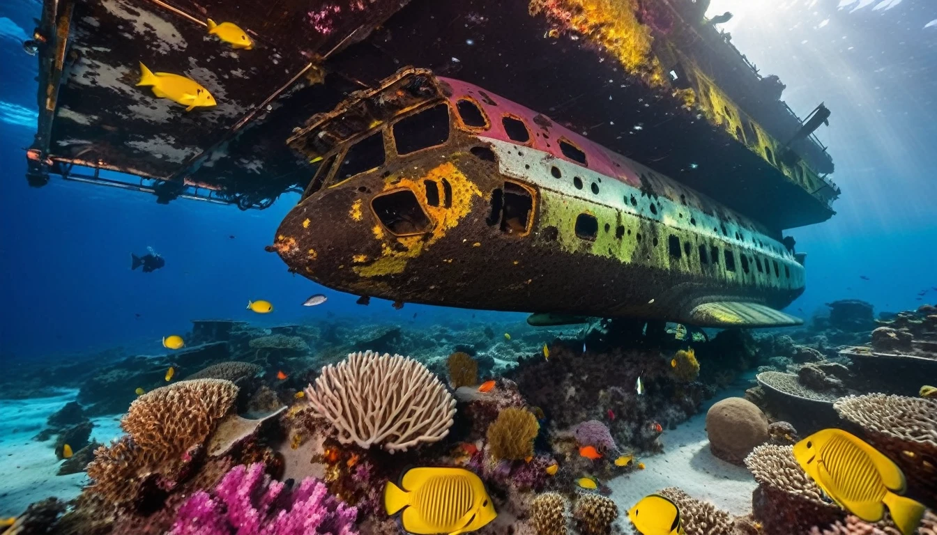 The wreck of the long-ago crashed and sunken "space shuttle Discovery" spaceship lies on the ground at the bottom of the ocean.The old wreck of the space shuttle sank into the ground it's dirty rusty covered with dark green algae in the bottom of the ocean and surrounded by beautiful colorful corals around which various different colorful fishes are swimming. In the seabed different colorful fishes are swimming around stunning colorful corals and the wreck of the space shuttle spaceship. ((Vivid colors of the corals and the fishes as pink, yellow, cyan, orange, blue. The seabed is a beautiful sight as the light beams of the yellowish sunlight and sun's rays are filter through the surface of the water into the dark greenish blue deepness. Contrast lighting, natural lighting. (( Consistent structure and movements of the fishes and corals, consistent movement of the camera, static underwaterland environment)))). Photorealistic fishes and corals, lifelike textures and movements, Insanely intricate details and photorealistic materials. Photorealistic Reflections. Natural lights, neutral colors, vintage color tones, dramatic, dynamic composition. Lifelike textures, sharp focus, depth of field, cinematic lighting, contrast lighting, volumetric lighting, best shadows, sharp focus, depth of field, photorealism, realism, cinematic, Best quality , hdr, uhd, 8k