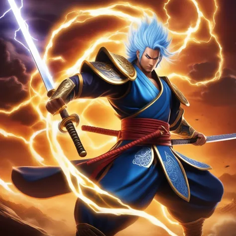 create an epic illustration of raijin arashi, the 'storm god samurai.' raijin is a powerful warrior with long, striking silver h...