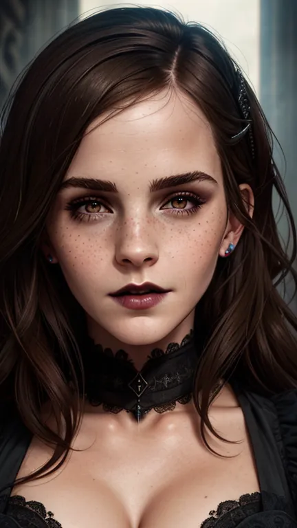 Emma Watson, (best quality, hyperdetailed photography:1.2), beautiful lady, freckles, gothic dark makeup, soft light, massive pe...