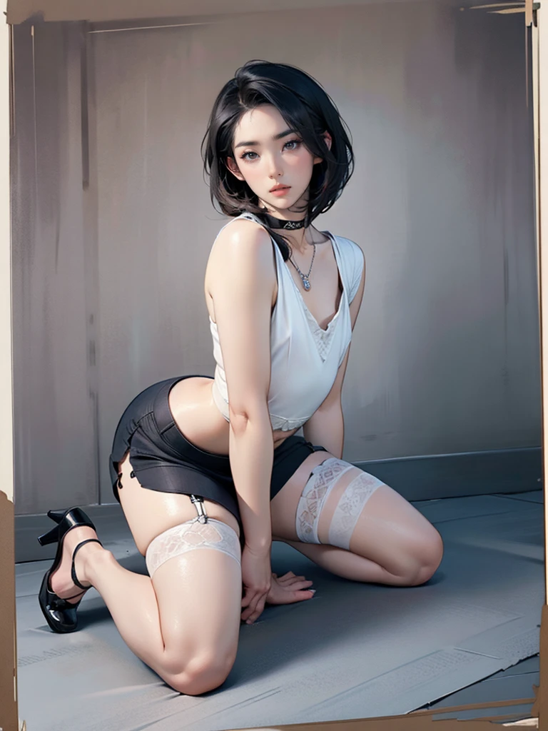 Femboy, ((Masterpiece)), (Cute: 2.0), extremely detailed face, (big butt, devilish, curvy waist, flat chest, sissy), captivating expression, piercing gaze,French braid, short layered bob hairstyle with bangs, slender body, tanned skin, small eyes, rich color palette, choker necklace, open-toe high heels, goddess aesthetic, lean and toned androgynous body,black pantyhose, black stockings, black garter belt, kneeling, dynamic angle, visible navel, thick thighs, thigh-highs, voluptuous, elder sister, okama, short height, small build 