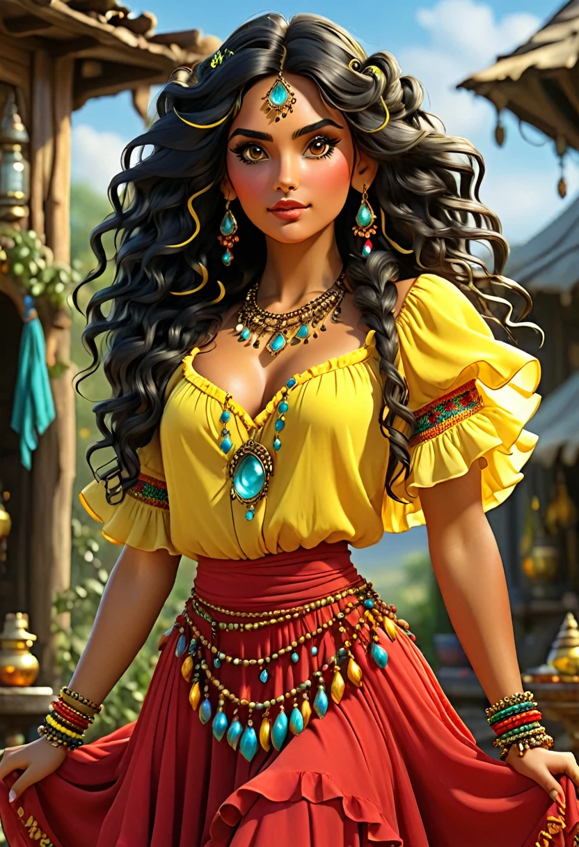 ((Shulamite gypsy )) millions of yellow and red roses , Stands tall and shows off your perfect figure at all times covers your entire body Dresses in shades of red,doradas, yellow with a puffy blouse full of ruffles, gypsy scarf on the shoulders and a beautiful long colorful skirt, , Super beautiful, 8k realistic , ((black hair)), Golden-Brunette-Skin, black eyes, Ultra-realistic muscular body, Dress up in a magical gypsy outfit , with a magical and mystical touch, with slime hair , proto, inspired by Izzy Medrano, 3D 18K UHD., golden bracelets, , brincos doradass ,16K, elements: Terra 8K UHD SURREAL. Gypsy deck: Used for divination and spiritual guidance,colorful scarves: Represent magic and protection, incense: For purification and connection with the spiritual plane, Stones and Jewels: Have specific energies.
Colorful Clothing: Gypsy skirts are magical working instruments. UHD 18K.